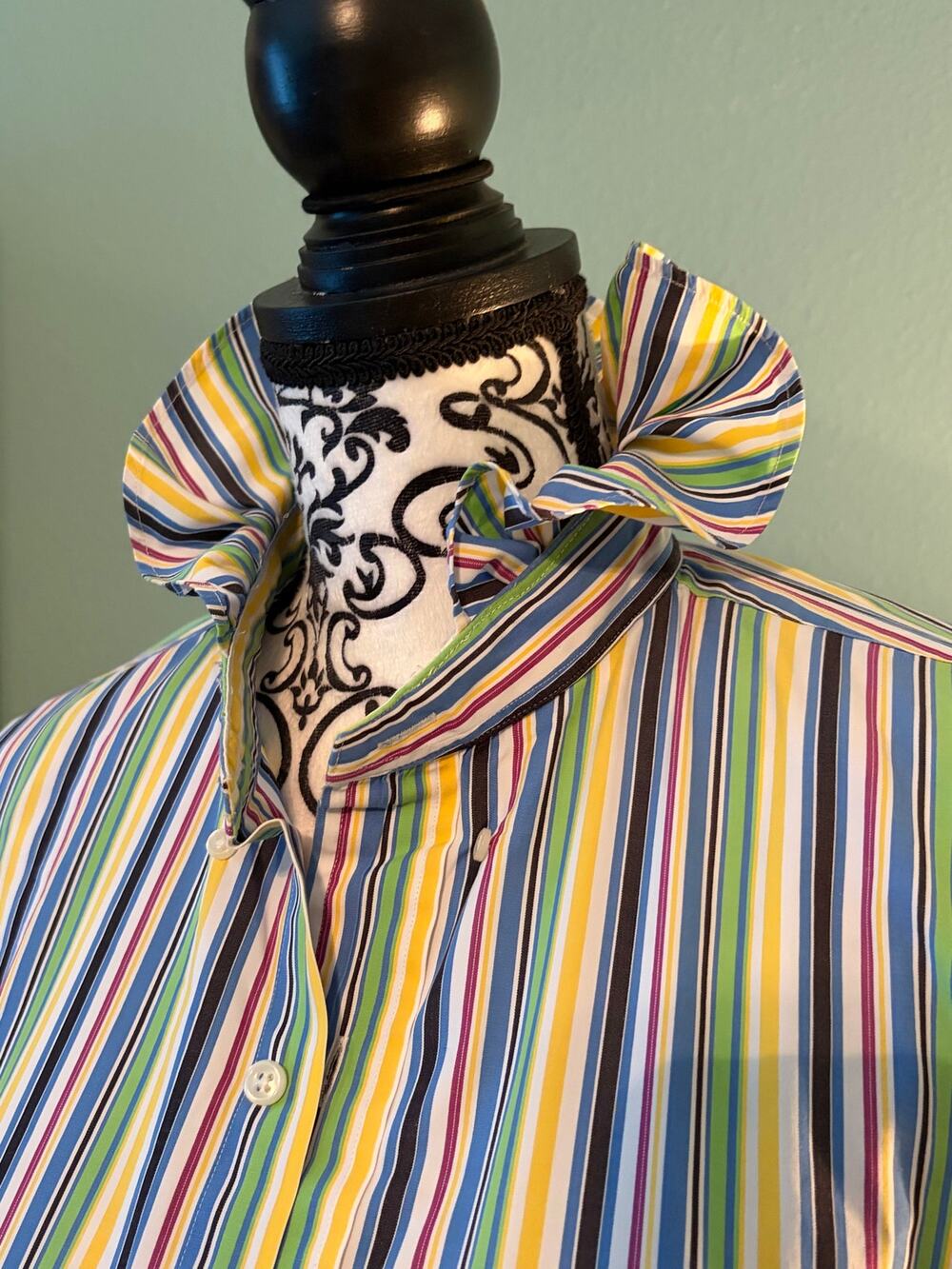 Ralph Lauren Classic Fit L Multicolor Stripe Ruffle Collar Upcycled Shirt